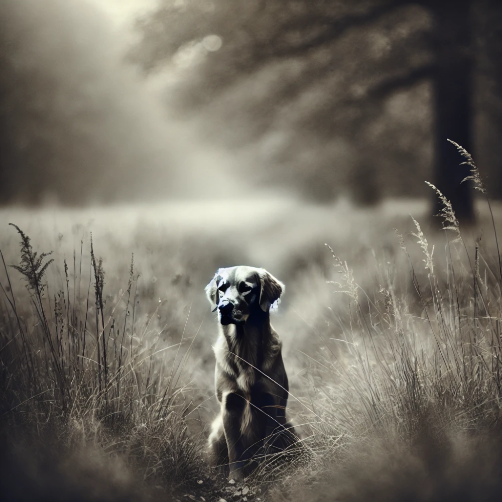 muted monochrome with a shallow depth-of-field image of a dog in an autumn field