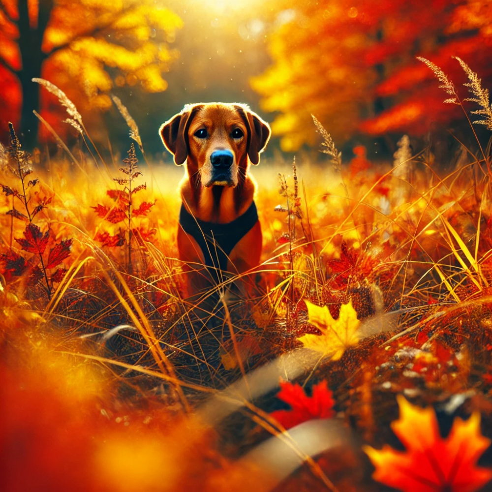 Dog in field with vibrant, high-contrast color with shallow depth of feel